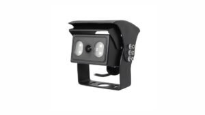 Side-angle view of a black Xinvisual vehicle camera with visor, bracket, and light modules