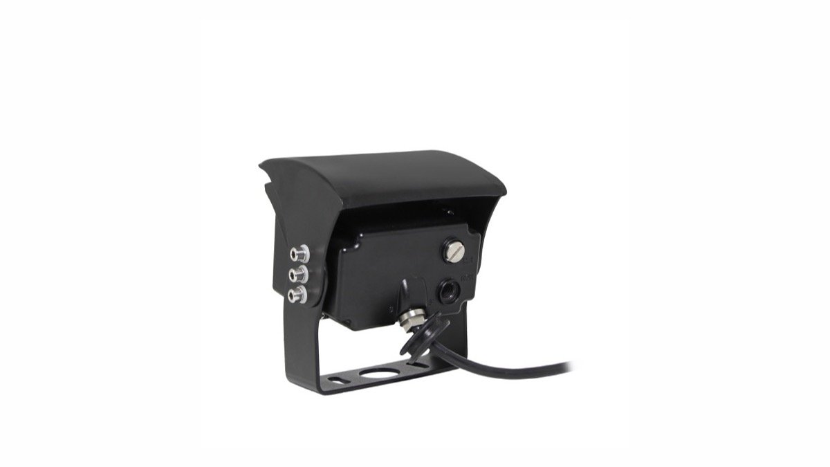 Rear view of a black Xinvisual vehicle camera showing cable exit, housing, visor, and mounting bracket