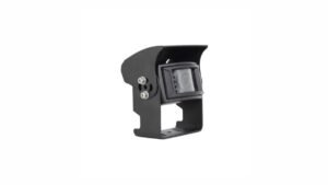 Side-angle view of a black Xinvisual vehicle camera with visor and mounting bracket