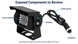 Xinvisual vehicle camera with front window, housing, cable jacket, and connector labeled; a note identifies the rear cable entry as not visible.