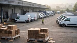Distribution depot with parked vans and trucks, palletized cardboard and a worker holding a clipboard