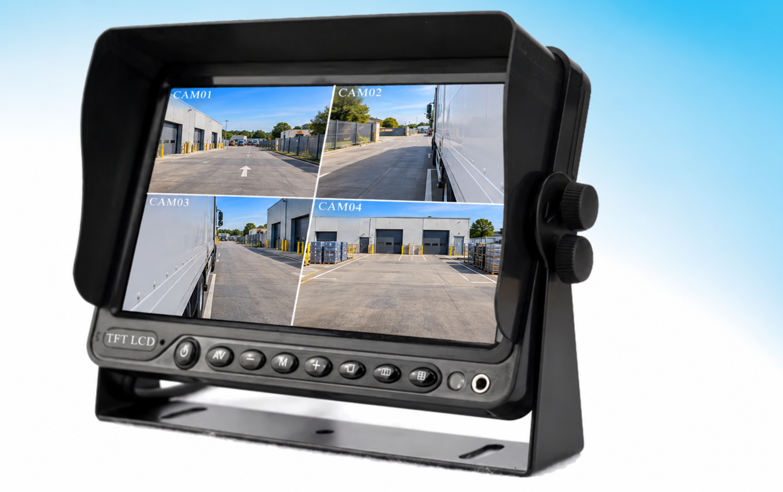 Vehicle monitor with a sun hood and four illustrative views of a depot and truck sides