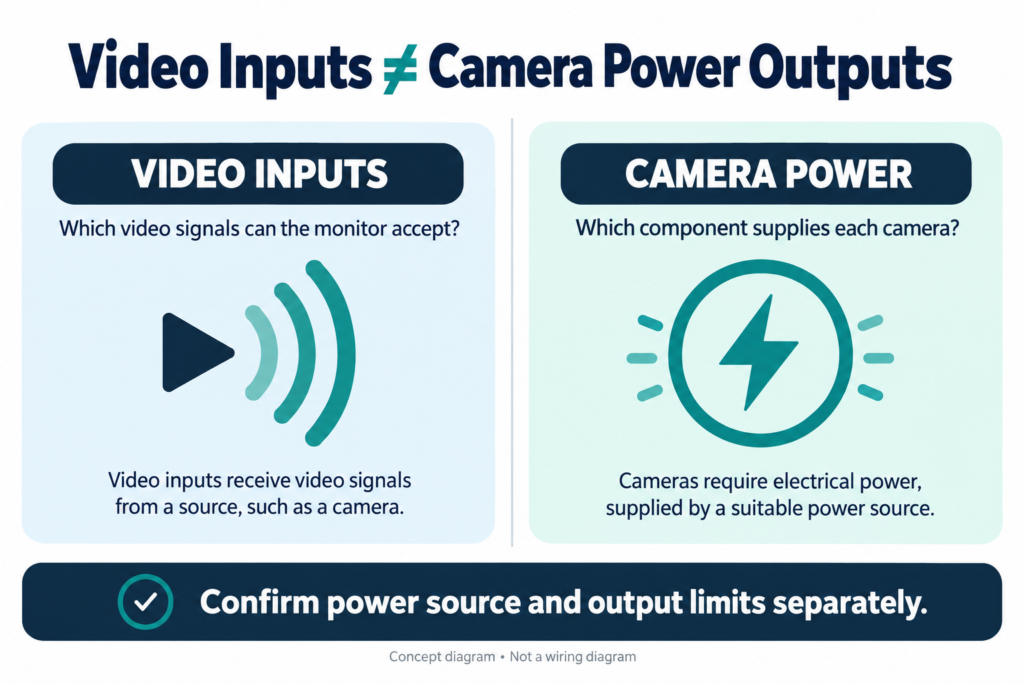 Diagram distinguishing vehicle monitor video inputs from camera power outputs