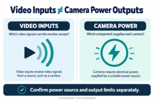 Diagram distinguishing vehicle monitor video inputs from camera power outputs